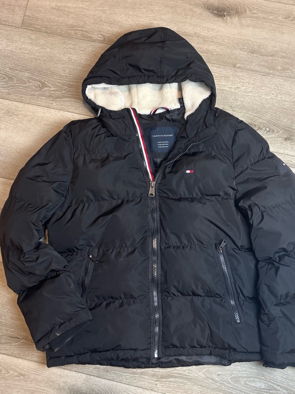 Tommy Hilfiger Black Hooded Puffer Jacket with Sherpa Lining